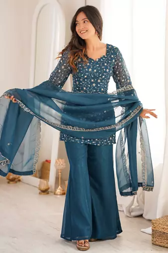 Bewitching Teal Blue Embroidered Silk Wedding Wear Palazzo Suit