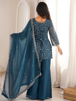 Bewitching Teal Blue Embroidered Silk Wedding Wear Palazzo Suit 4