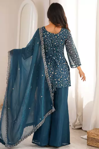 Bewitching Teal Blue Embroidered Silk Wedding Wear Palazzo Suit