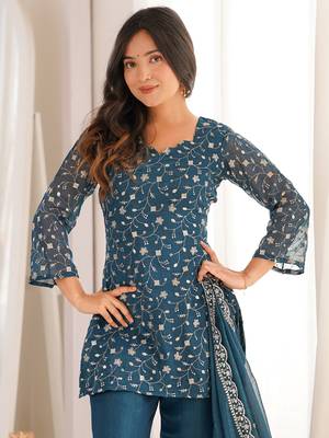 Bewitching Teal Blue Embroidered Silk Wedding Wear Palazzo Suit 5