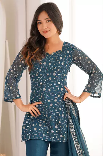 Bewitching Teal Blue Embroidered Silk Wedding Wear Palazzo Suit