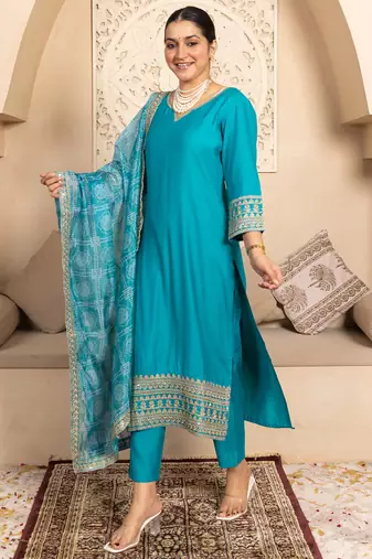 Floral embroidered silk blend round neck kurta trouser & dupatta set