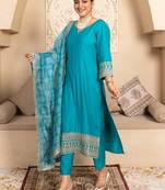 Floral embroidered silk blend round neck kurta trouser & dupatta set