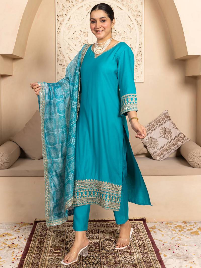 Floral embroidered silk blend round neck kurta trouser & dupatta set
