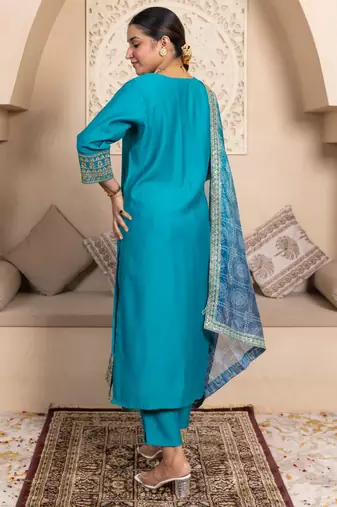 Floral embroidered silk blend round neck kurta trouser & dupatta set