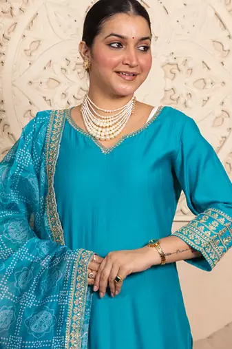 Floral embroidered silk blend round neck kurta trouser & dupatta set