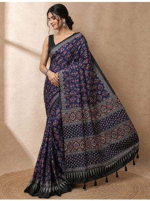 blue ajarakh print with real mirror satin saree 1