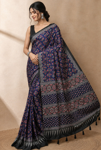 blue ajarakh print with real mirror satin saree