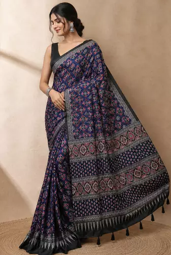 blue ajarakh print with real mirror satin saree