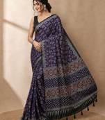 blue ajarakh print with real mirror satin saree