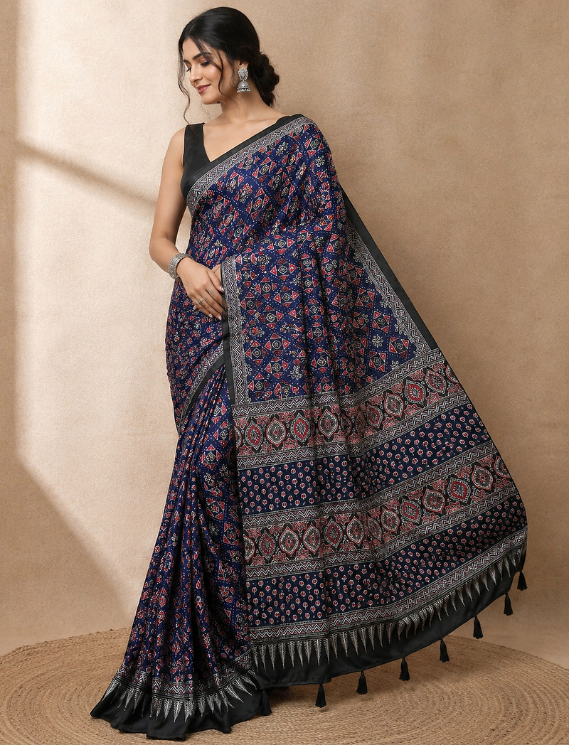 blue ajarakh print with real mirror satin saree