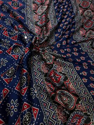 blue ajarakh print with real mirror satin saree 2