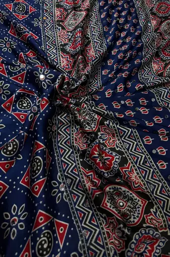 blue ajarakh print with real mirror satin saree