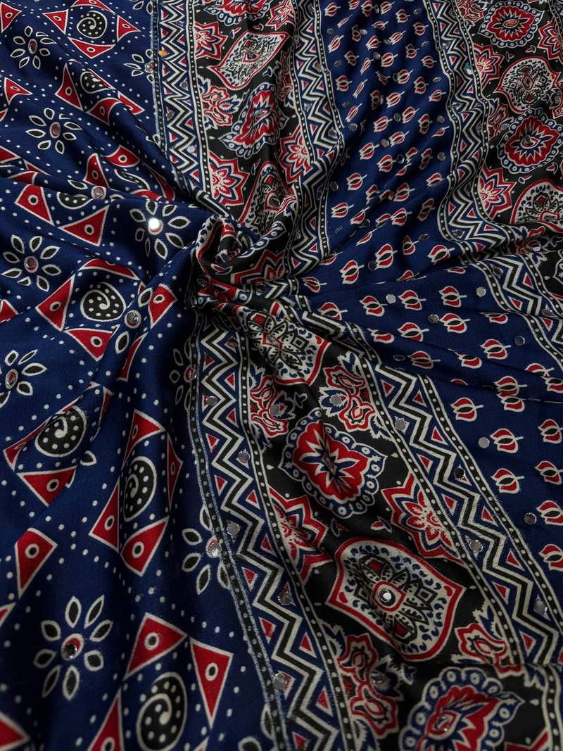 blue ajarakh print with real mirror satin saree