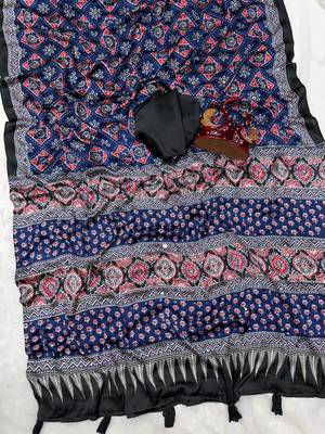 blue ajarakh print with real mirror satin saree 3