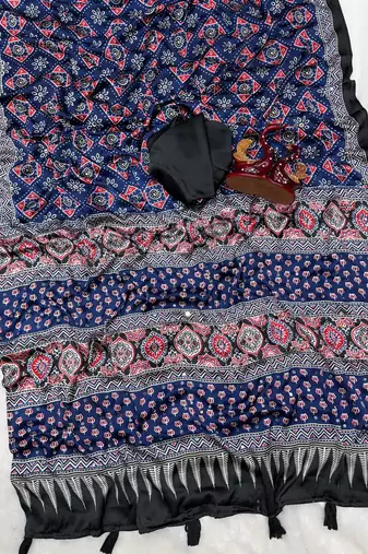 blue ajarakh print with real mirror satin saree