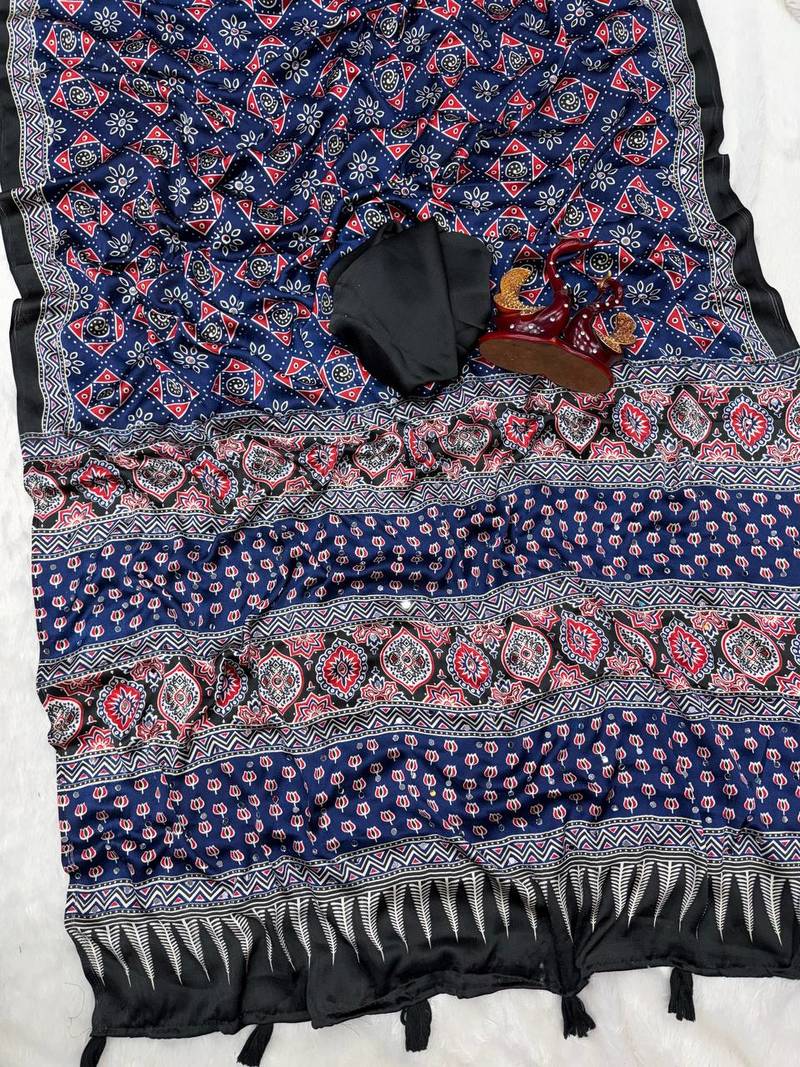 blue ajarakh print with real mirror satin saree