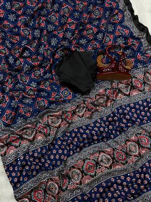 blue ajarakh print with real mirror satin saree 4
