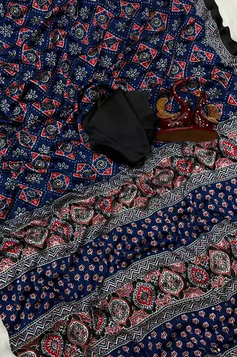 blue ajarakh print with real mirror satin saree