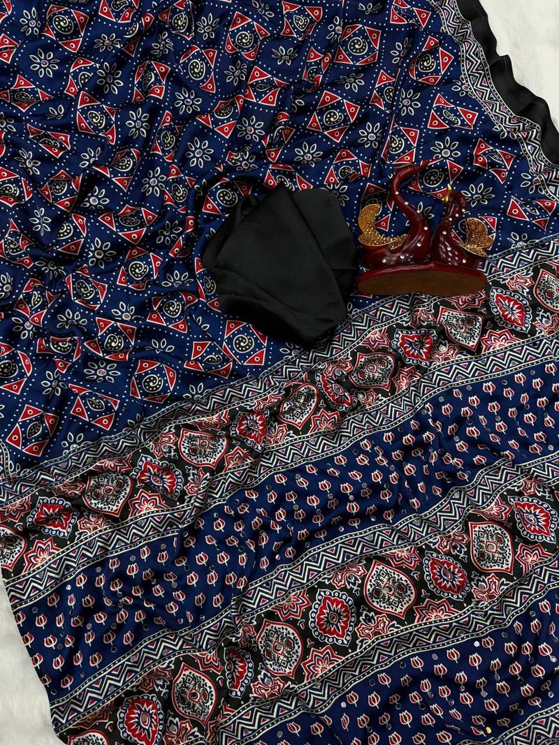 blue ajarakh print with real mirror satin saree
