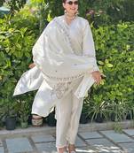 Floral embroidered silk blend v neck kurta trouser & dupatta set