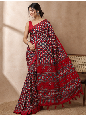 red ajarakh print with real mirror satin saree 1