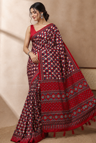 red ajarakh print with real mirror satin saree