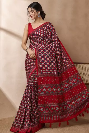 red ajarakh print with real mirror satin saree