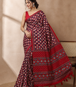 red ajarakh print with real mirror satin saree