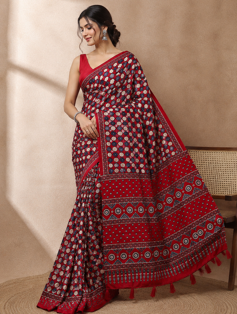 red ajarakh print with real mirror satin saree