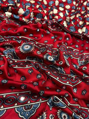red ajarakh print with real mirror satin saree 2