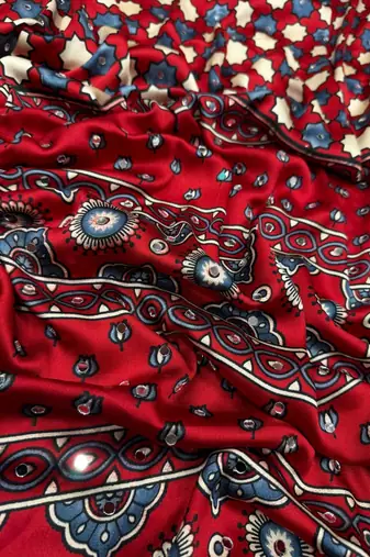 red ajarakh print with real mirror satin saree