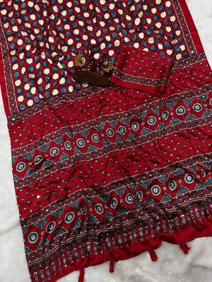 red ajarakh print with real mirror satin saree 3
