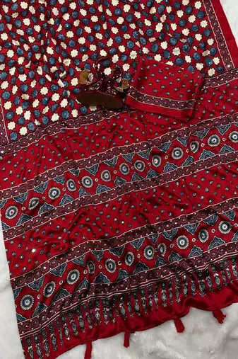 red ajarakh print with real mirror satin saree