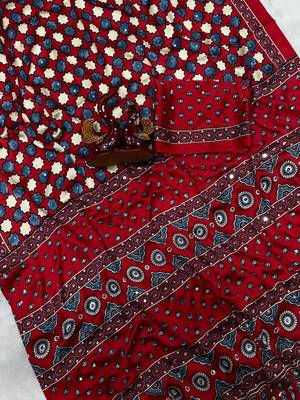red ajarakh print with real mirror satin saree 4