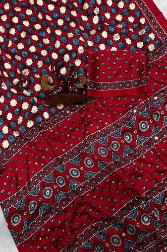 red ajarakh print with real mirror satin saree