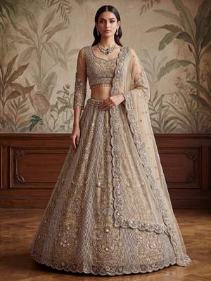 Gorgeous Beige Sequins Net Engagement Wear Lehenga Choli With Dupatta 1
