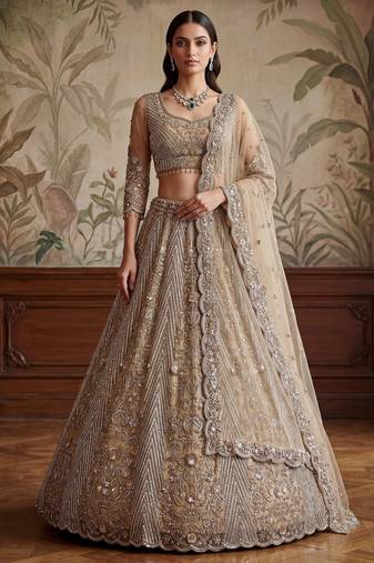 Gorgeous Beige Sequins Net Engagement Wear Lehenga Choli With Dupatta