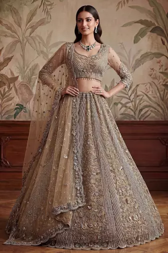 Gorgeous Beige Sequins Net Engagement Wear Lehenga Choli With Dupatta