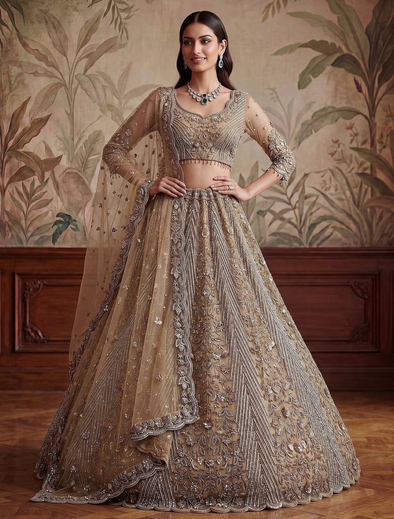 Gorgeous Beige Sequins Net Engagement Wear Lehenga Choli With Dupatta