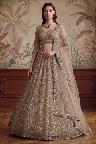 Gorgeous Beige Sequins Net Engagement Wear Lehenga Choli With Dupatta
