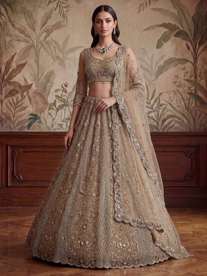 Gorgeous Beige Sequins Net Engagement Wear Lehenga Choli With Dupatta