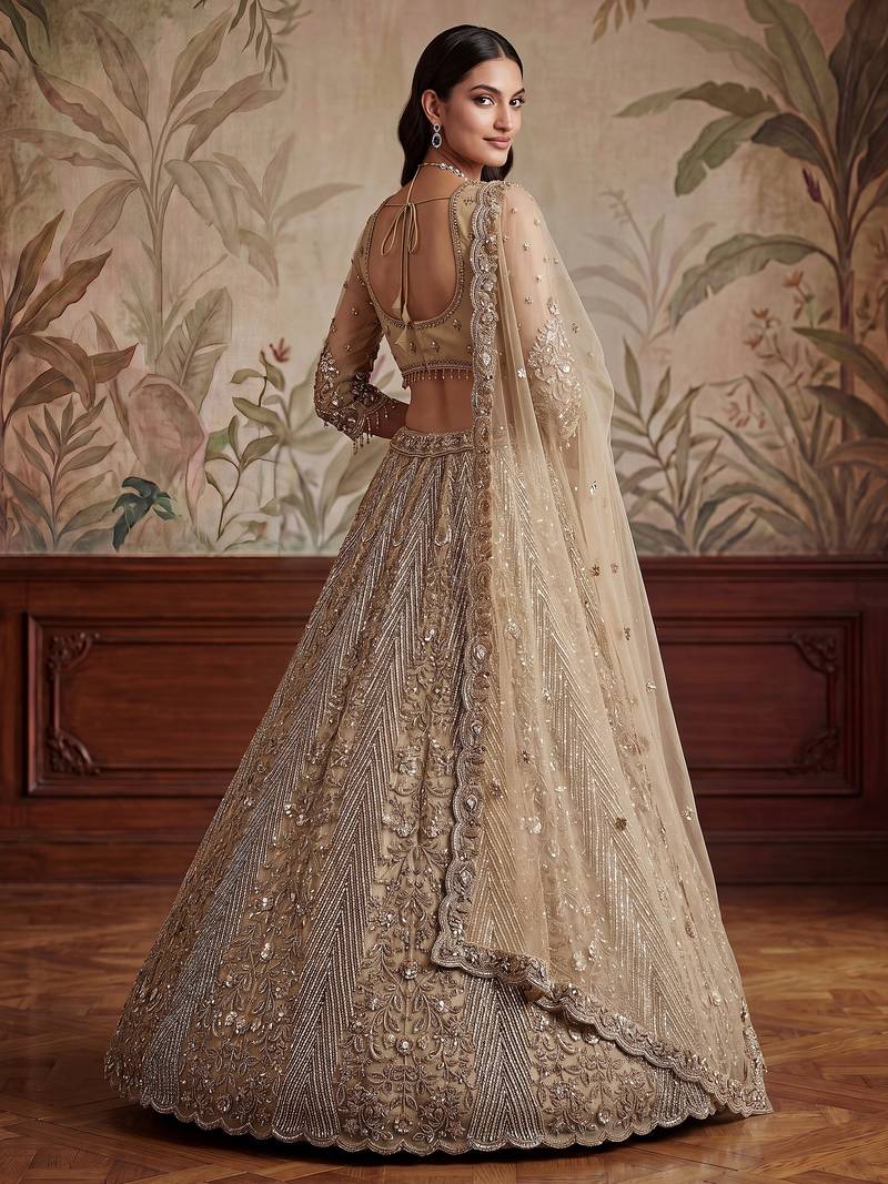 Gorgeous Beige Sequins Net Engagement Wear Lehenga Choli With Dupatta