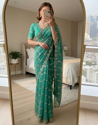 Emerald Green Color embroidery sequence Work Silk Blend Saree 1