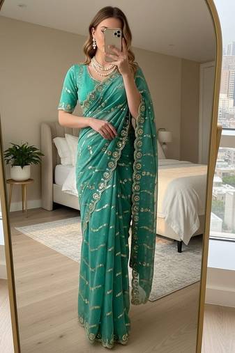 Emerald Green Color embroidery sequence Work Silk Blend Saree