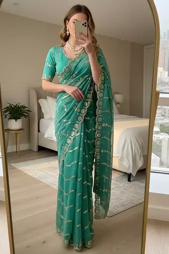 Emerald Green Color embroidery sequence Work Silk Blend Saree