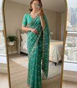 Emerald Green Color embroidery sequence Work Silk Blend Saree