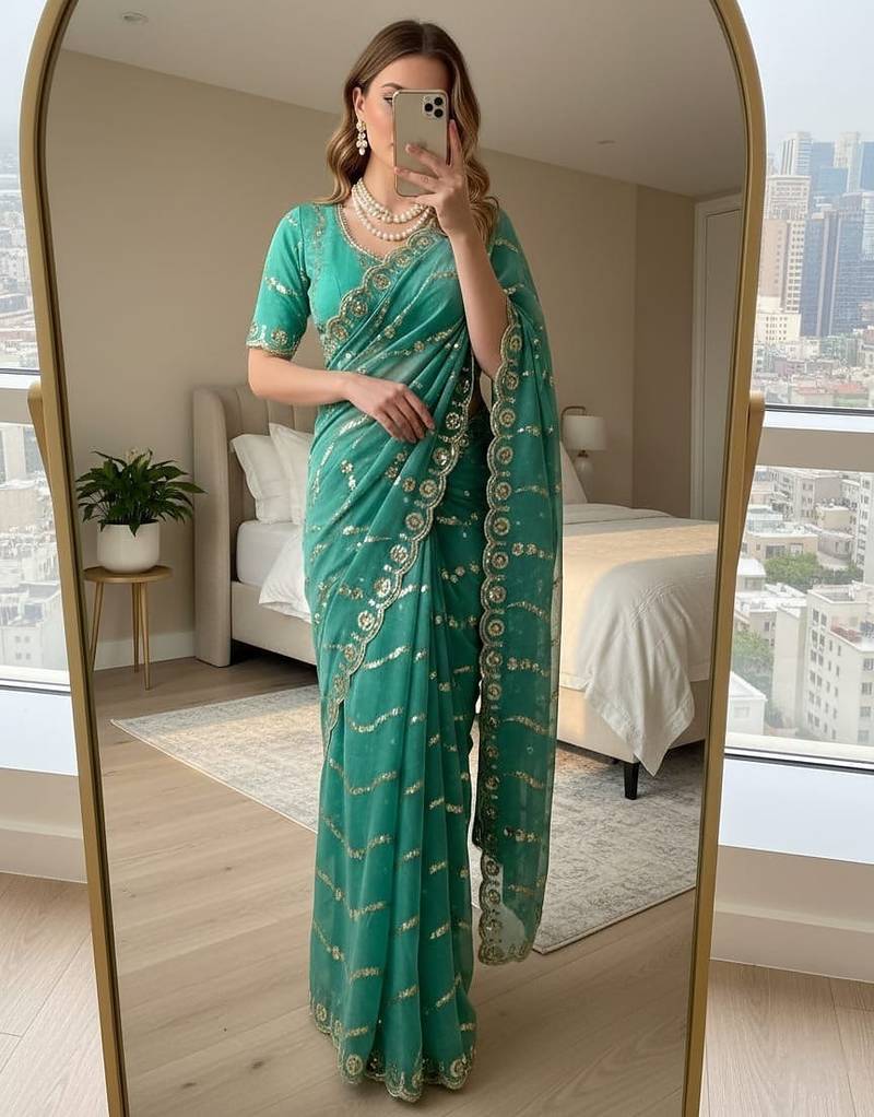 Emerald Green Color embroidery sequence Work Silk Blend Saree