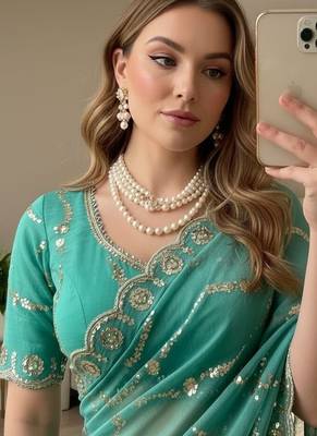 Emerald Green Color embroidery sequence Work Silk Blend Saree 2
