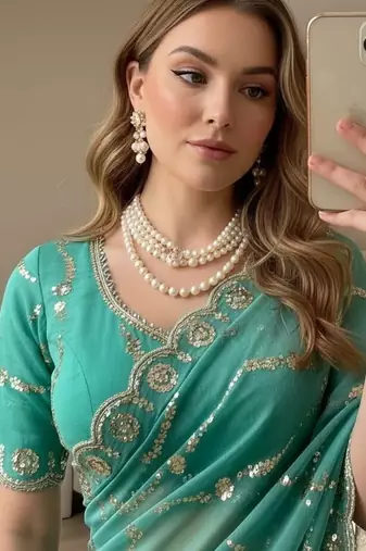 Emerald Green Color embroidery sequence Work Silk Blend Saree